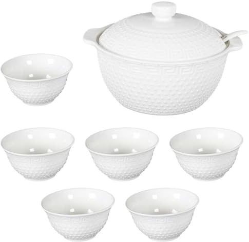 AltoBuy Service à Soupe en céramique Blanche avec soupière (2,7 L), louche et 6 Bols (25 cl)