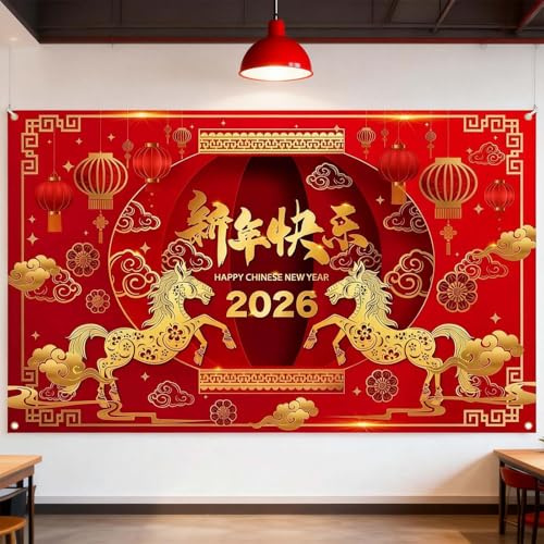 Chinese New Year Decoration 2026, Großes Chinesisches Neujahr 2026 Pferd Banner, Festliche Chinesische Deko für Frühlingsfest & Asiatische Feiern, Idealer Fotohintergrund für das Jahr des Pferdes