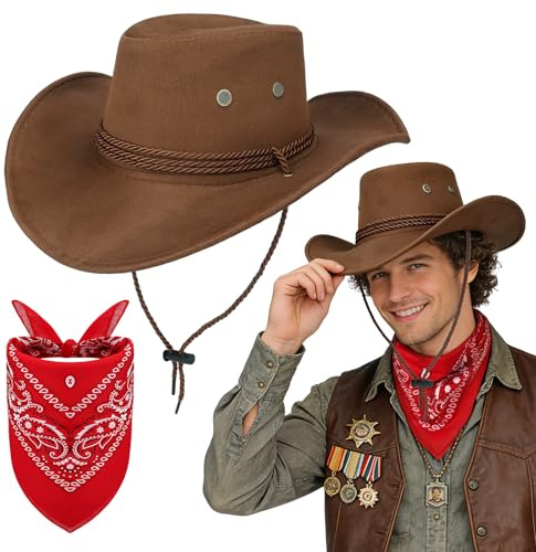 Saier tbo 2Pcs Chapeau de Cowboy et Bandana, kit d'accessoires de Costume de Cowboy Western avec Chapeaux de Cowboy, Bandana Paisley pour Hommes et Femmes, Carnaval, Halloween, fête à thème