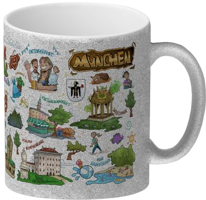 München Pop Art Comic Glitzer-Kaffeebecher Souvenir Originelle Tasse im Stadtstil - lustiger Look für Kunstliebhaber