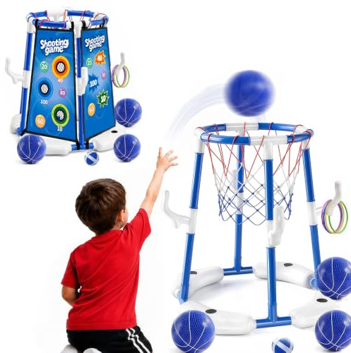 Canestro da basket 3 in 1 per esterni, con 4 palline da basket, 12 palline da lancio, 12 anelli, giocattolo da piscina, per feste hawaiane, piscina, spiaggia, bambini e adulti
