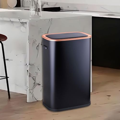 55 Liter Motion Sensor Electric Kitchen Bin - Touchless Rubbish Trash With Soft Closure Infrared Lid, Bag Securing Ring, Stainless Steel Garbage Bin For Living Room, Home, Office (Black-Gold)