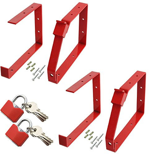 Spares2go Universal Lockable Wall Ladder Rack Brackets & Padlock Set (Red, Pack Of 2 Pairs)