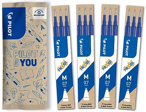 PILOT FriXion Ersatzminen 0.7 – 12 Stück (3er Sets), Farbe Blau – FriXion Nachfüllminen mit radierbarer Tinte – Kompatibel mit FriXion Ball & FriXion Clicker – mittlere Stärke – Gel-Tintenrollermine