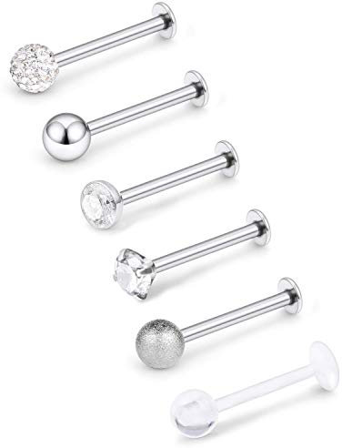Mayhoop 6er 16G 1.2mm Knorpel Tragus Helix Piercing Chirurgenstahl CZ Lippenpiercing Labret Stecker 6 Stil 8mm Silber