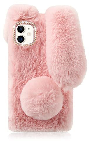 Cute Cover Fluffy Bunny Case for 11, Pink Furry Cover Plush Case with Ears Fur Ball Protective Case Cute Toy Girls, Stuffed Plush Animal Phone Case for 11