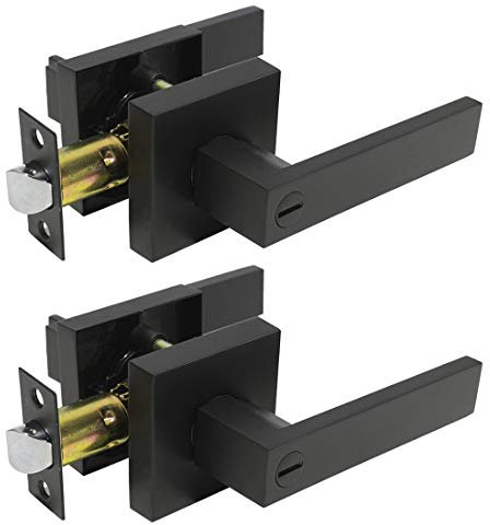Probrico Black Privacy Door Handles, Interior Privacy Door Levers for Bedroom and Bathroom, Reversible Square Door Handle with Thumb Turn Bottom, 2 Pack