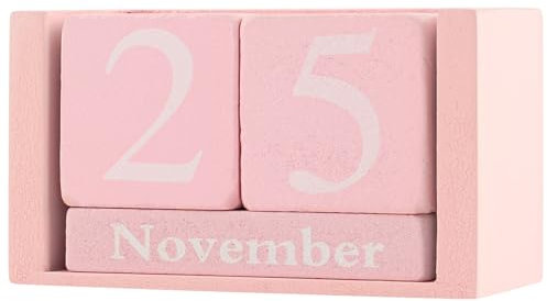 AUEAR, Wooden Block Perpetual Desk Calendar Desktop Rustic Chic Number for Home Office Decoration (Pink, 1 Pack)