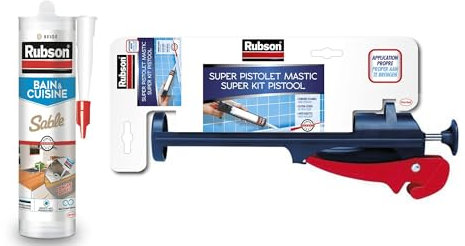 Rubson Mastic Bain&Cuisine Couleur Sable – 280 ml, inclus Super Pistolet Mastic Easy Service, Joint silicone multi-matériaux renforcé en antifongiques, mastic sanitaire coloré, souple & étanche