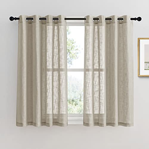 PONY DANCE Wohnzimmer Gardinen Halbtransparent Leinenoptik Vorhänge mit Ösen Voile Gardine für Küche Deko, 2 Stücke H 137 x B 132 cm, Taupe