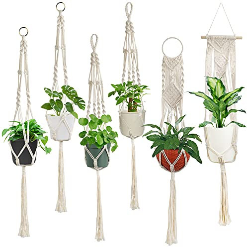 Laerjin Macrame Plant Hangers, Set of 6 Handmade Hanging Plant Holder Basket Stand Decorative Flower Pot Holder - Cotton Rope, 4 Legs, 4 Types