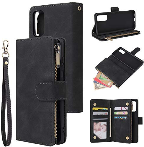 QLTYPRI Hülle für Samsung Galaxy S20 Plus, Premium Leder Handyhülle mit Große Kapazität 6 Kartenfach & 1 Reißverschluss Tasche Ständer Schutzhülle für Samsung Galaxy S20 Plus - Schwarz