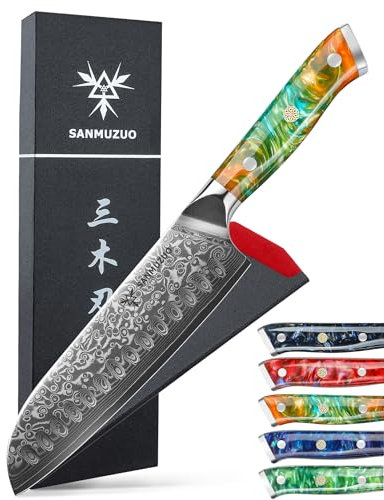SANMUZUO Damastmesser 18 cm Santokumesser - Japanisches Kochmesser - VG 10 Damaskus Stahl Küchenmesser mit Harzgriff - Xuan Serie(Dream Orange)