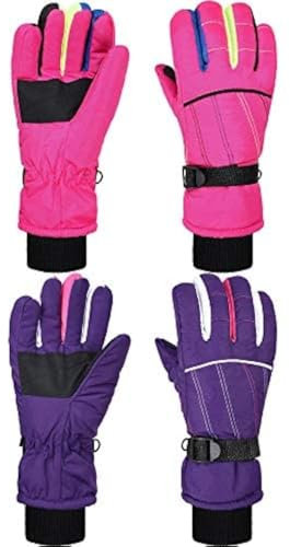 Geyoga 2 Paar Kinder Winter Skihandschuhe Schneehandschuhe wasserdichte Kinder Snowboard Handschuhe (Lila, Rosa, 3-6 Jahre)