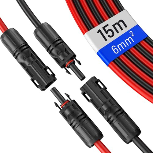 HB-DIGITAL 2x 15m 6mm² Solarkabel Verlängerungskabel Kabelpaar für Photovoltaik Anlagen H1Z2Z2-K mit 1500V Solarstecker Solar Modul Verbindungskabel flexibel witterungsbeständig IP68 - Rot & Schwarz
