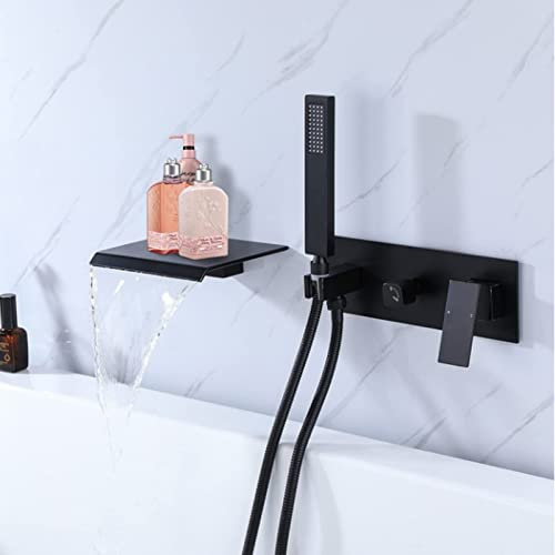 XJTNLB Badewannenarmatur Schwarz Wasserfall mit Brause Badewannenarmatur Schwarz mit Handbrause Mischbatterie Badewanne Unterputz mit Handbrause,Schwarz
