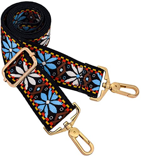 Pecvan Schwarzer Metallhaken mit drehbarem Haken, verstellbarer Gurt für Crossbody-Tasche/Gepäck, Weiße, blaue Blume, L, Schnappverschluss