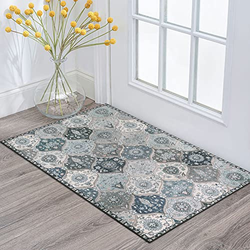 Lahome Moroccan Trellis Front Door Mat Indoor Entrance, 2x3 Rugs for Entryway Non-Slip Washable Indoor Door Mat, Oriental Accent Small Rug for Kitchen Bedroom Bathroom, Blue