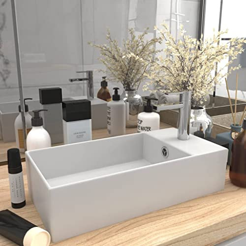 HOMIUSE Lavabo de Salle de Bain Trop-Plein CéRamique Blanc Mat Vasque à Poser Salle de Bain Lavabo Wc Lavabo à Poser Sur Meuble Trou de Robinet Rectangulaire Lavabo sur Table 48x25x15 CM