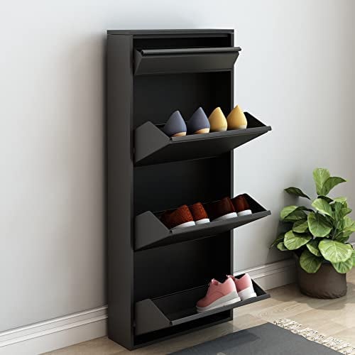 [en.casa] Schuhschrank Sokndal Schuhkipper mit 4 Klappen Metall Schuhkommode für 6 Paar Schuhe 118 x 50 x 15 cm Schwarz