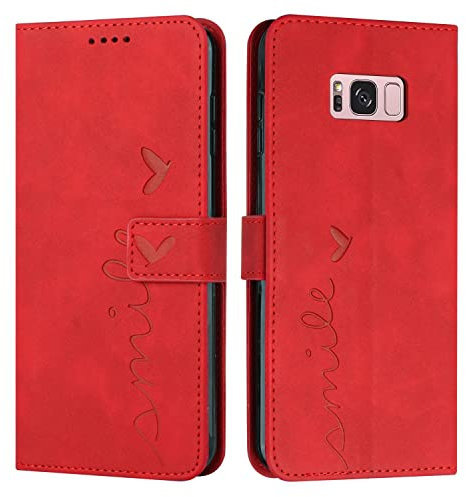 VEEMOS Klapphülle für Samsung Galaxy S8 / G950 Hülle Klappbar Handyhülle mit Kartenfach Ständer Schutzhülle Handy Tasche Leder Flip Book Case Cover Handytasche - Rot