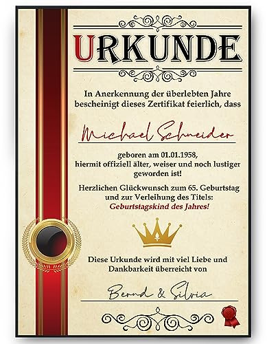 Tigerlino® Urkunde zum 65. Geburtstag personalisiertes Geschenk Jahrgang 1961 Geschenkidee Männer Frauen 65 Geburtstagskarte 65 Jahre Geschenkidee personalisiert Geburtstagsurkunde