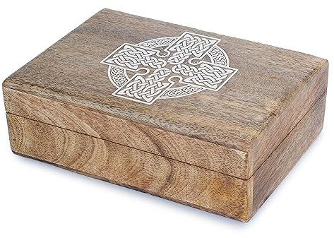 Ajuny Schmuckkästchen aus Holz – Handgefertigte Schmuckschatulle mit Keltischem Kreuz, Vintage Design, Schmuckaufbewahrung für Damen, Geschenkbox Deko Truhe – 8x5 Zoll