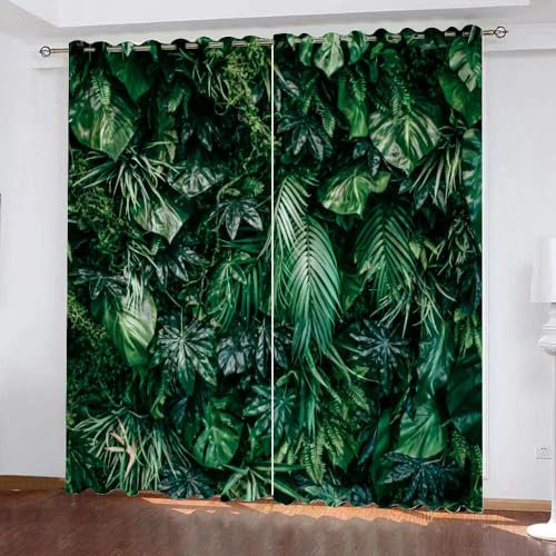 GIOVIA 3D Palmenblätter Gardinen Abdunkelnde Tropisch Dschungel Kindervorhänge Vorhang mit ösen 2er Set Vorhänge Blickdicht Verdunkelungs für Kinderzimmer Schlafzimmer Wohnzimmer B 200 X H 160 cm
