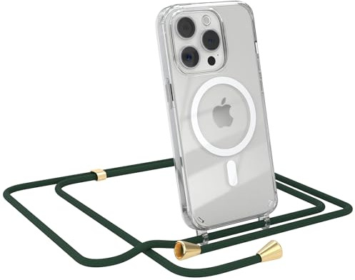 EAZY CASE - Handykette kompatibel mit iPhone 15 Pro Kette zum Umhängen Stoßfest Handyhülle für iPhone 15 Pro Silikon Hülle mit Band Handytasche Transparent als Fallschutz in Grün