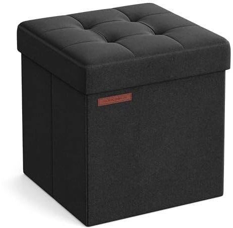 SONGMICS Storage Ottoman, Foldable Small Ottoman Foot Rest, 38 cm Foot Stool, Cube Ottoman with Storage, Load up to 300 kg, for Living Room, Bedroom, Dorm, Ink Black LSF027B51