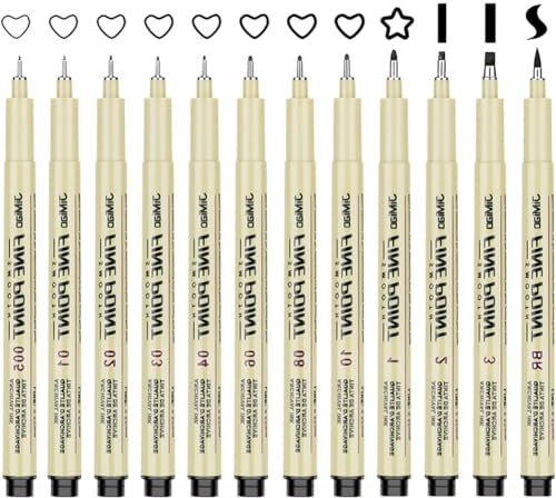 Votgutvo Micron Fineliner Stifte,12 Stück Fineliner Set Schwarz mit 12 Linienbreiten, Filzstiften für Künstler, Wasserfest Tuschestift zum Illustration,Skizzen,Technisches Zeichnen