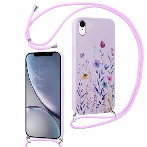 Xylota Handykette Handyhülle für iPhone XR 6,1 Hülle mit Band, Einstellbar zum Umhängen Kordel Aesthetic Case mit Muster Blumen, Weich TPU Bumper Silikon Stoßfest Schutzhülle Cover für iPhone XR,Lila