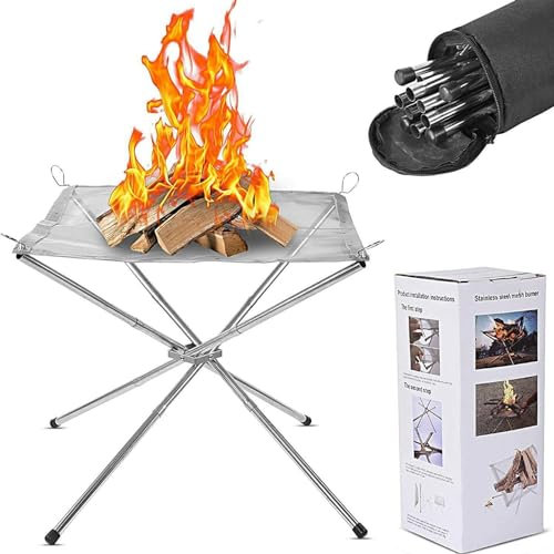 Tragbare Feuerstelle für Camping, groß, zusammenklappbar, Edelstahlgeflecht, Outdoor-Feuerstelle für Grill, Heizung, Lagerfeuer, Grill, Terrasse, Hinterhof, Garten (Tragetasche im Lieferumfang