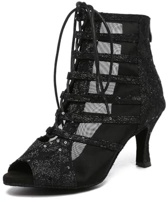 SWDZM Stivali da Ballo Latino Americano con Punta Aperta Stivaletti da Ballo Salsa e Bachata Donna Tacco Alto,L596,Nero,Tacco-7.5CM,EU 36.5
