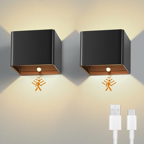 Euakee 2 Piezas 4000mAh Luz de Pared de Interior, Aplique de Pared Interior con Sensor de Movimiento, Lámpara de Pared con Batería de Carga USB, 4000K Lampara sin Cable para Dormitorio, Pasillo