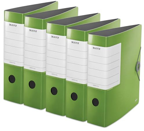 Leitz Qualitäts-Ordner 180° Solid, 5er Pack, A4, Hellgrün, 8,2 cm Rückenbreite, Gummibandverschluss, Robustes Polyfoam, extra breites, austauschbares Rückenschild, 11120050