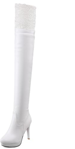 Asterisco Stivali da Donna con Tacco a Spillo Sopra Il Ginocchio con Plateau Ruffles Tacco Alto Boot Punta Rotonda Zip Stivali Invernali, F22903Dg Bianco Numero 35 EU
