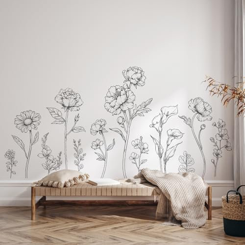 Tanlaby Flores de Jardín Adhesivos Pared Flores Blancas y Negro Pegatinas de Pared Rosas Margaritas Plantas Vinilos Decorativos para Sala de Estar Dormitorio Oficina TV Sofá Baño Fondo