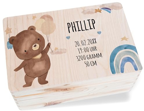 Shirtracer Erinnerungsbox Baby personalisiert Bär und Regenbogen | Holz, 30x20x14 cm, Taufe, Täufling, Patenkind, Segen, Taufgeschenke, Farbenfroh, Wolken