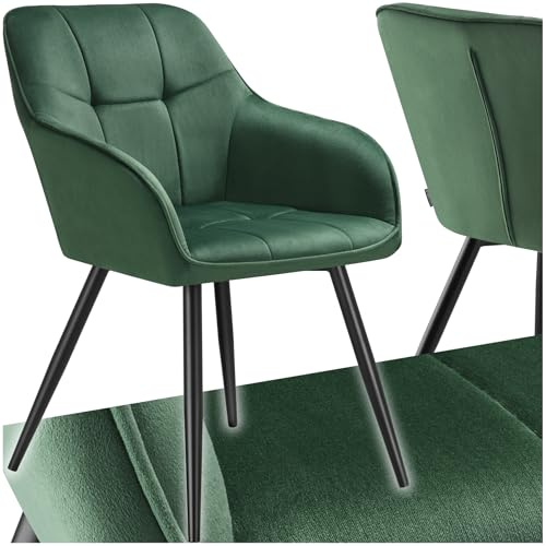 tectake® Samt Stuhl, Esszimmerstuhl mit Stepp Samtstoff, Küchenstühle modern, gemütlicher Sessel Wohnzimmer, Armlehnstuhl Esszimmer, Dining Lounge, Schminktisch Stuhl - dunkelgrün/schwarz