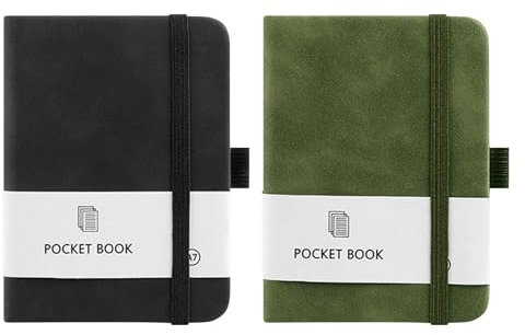 POHOVE Notizbuch Klein, 2 stück Hardcover Notizbuch A7 Kleines Notizbuch Set mit 200 Seiten, Notizblock Klein mit Elastischem Verschlussband und Stifthalter(COLOR:schwarz, grün)