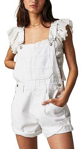 Cusghjbsg Women Denim Bib Short Overalls Adjustable Suspender Romper Shorts Casual Rolled Cuff Wide Leg Jumpsuit Shortalls With Pocket (A-White, XL)