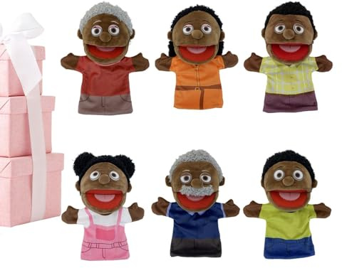 Burattino di Plüschtier | Marionette von Bambini 6 Pezzi, 28 cm, Schwarz, multikulturell für Familienmitglieder, Mobile Mouth, Lehrer, Klassenzimmerbedarf für Jugendliche