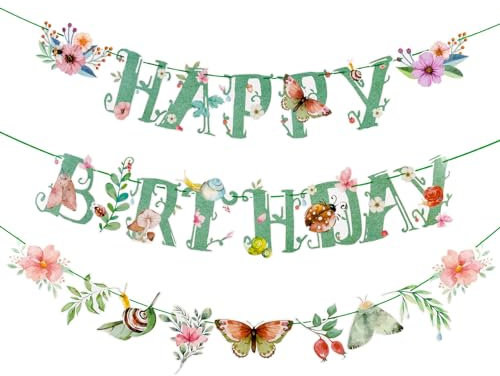 Easy Joy Sage Green Flower Happy Birthday Banner Green Spring Summer Floral Butterfly Garland Banner Garden Wildflower Party Decoration for Birthday Baby Shower Tea Party Supplies | Pre-Strung
