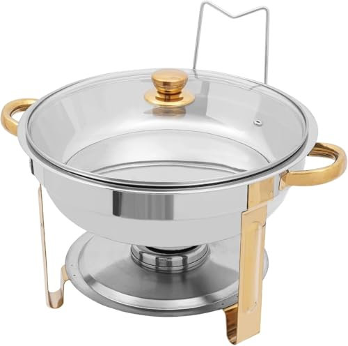 KALDJKS Chafing Dish Set 4,5L Rund Speisenwärmer mit Glasdeckel Erstklassiger 410 Edelstahl Wärmebehälter Suppenwärmer Warmhaltebehälter für Buffets, Schulen, Bankette