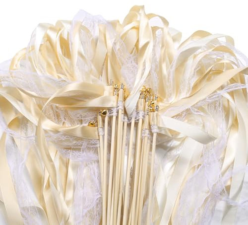100 Pièces Baguettes de Mariage fée Bâton, Baguette Mariage Ruban, Baguettes Ruban Banderoles avec Cloches, Baguettes de Mariage avec Cloches, Baguettes Ribbon (champagne 100 pièces)
