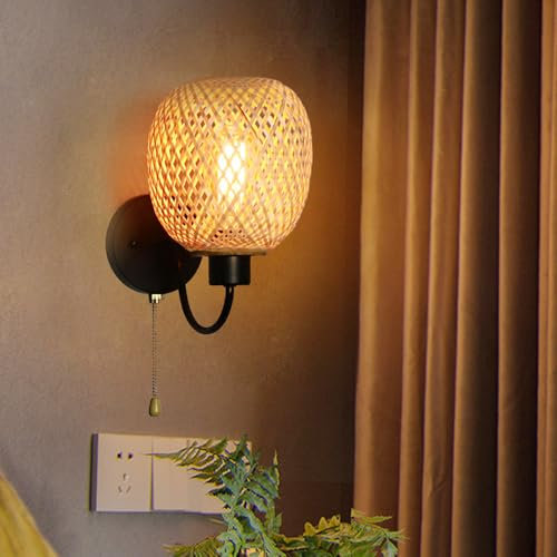 Rotin bambou applique murale luminaire Applique murale en bambou tissée à la main Boho Wall Sconce tissé en E27 Application d'interface salle à manger cuisine Couloir Salon Décoratif naturel (A)