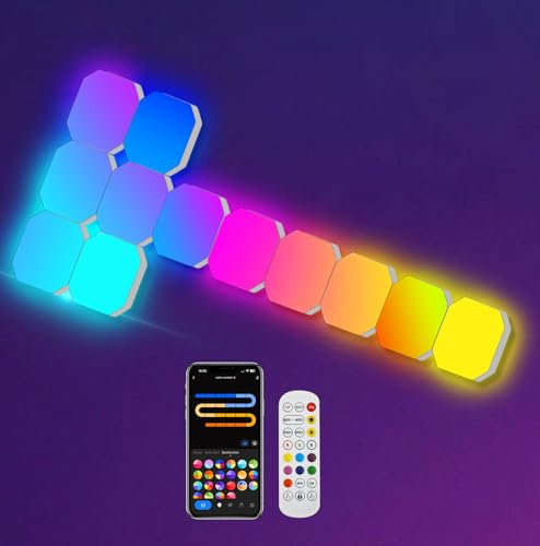 Hexagon LED Panel Wandleuchte, Smart RGBIC Gaming LED Wandpaneele Beleuchtung 12 DIY Quadrate Funktioniert mit Alexa und Google Assistant, Musik Sync App-Steuerung für Gaming Setup Wohnzimmer TV Deko