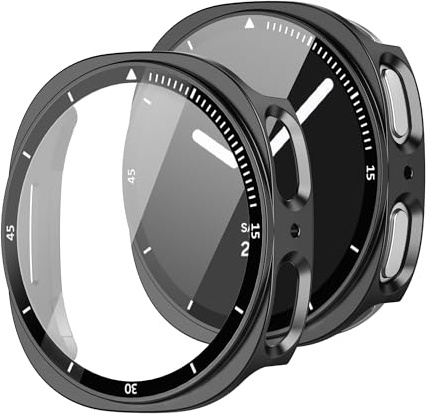 2 Stück Schutzhülle mit Displayschutzfolie für Samsung Galaxy Watch 9/8 44mm, 360° Rundumschutz mit Lünette Ring, Gesamt Schutzhülle, Eingebaut Kratzfest panzerglas Displayschutz, Schwarz