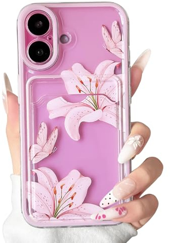 NITITOP for iPhone 16 Plus Case Clear Cute Lily Flower Wallet, Pink | for Women Girls, Floral Butterfly Pattern, with Card Holder, Color Frame, Soft TPU Shockproof Cover, Full Camera Protection